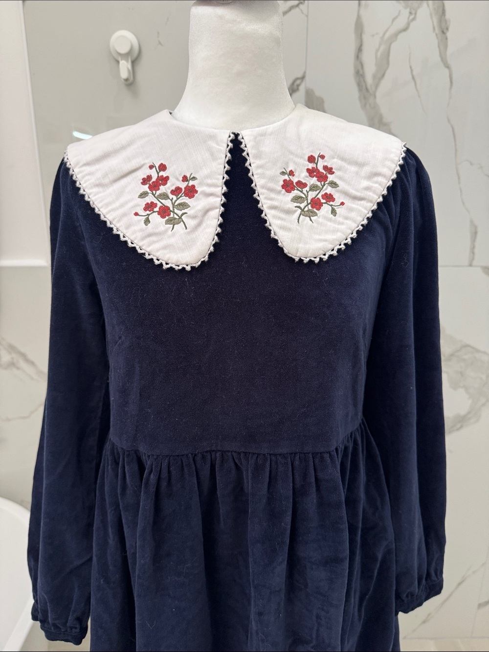 Anthropologie Meadows Pasque Velvet Midi Dress Embroidered Peter Pan Collar - Picture 4 of 14